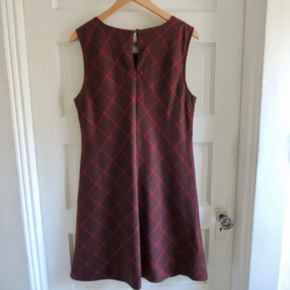 Anthro Maeve Brown & Red Silk Blend Windowpane Shift Dress 12